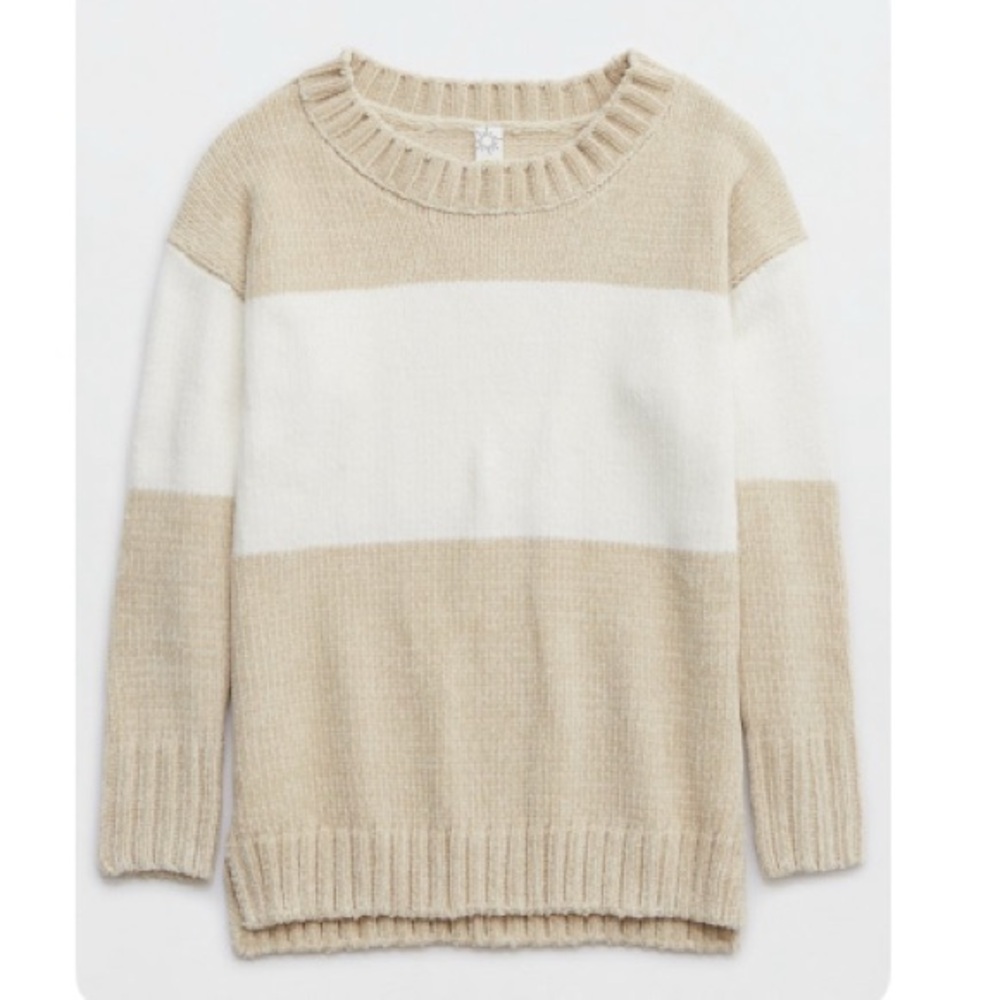 Aerie Chenille Sweater Neutral Colorblock Medium Soft Cozy Knit